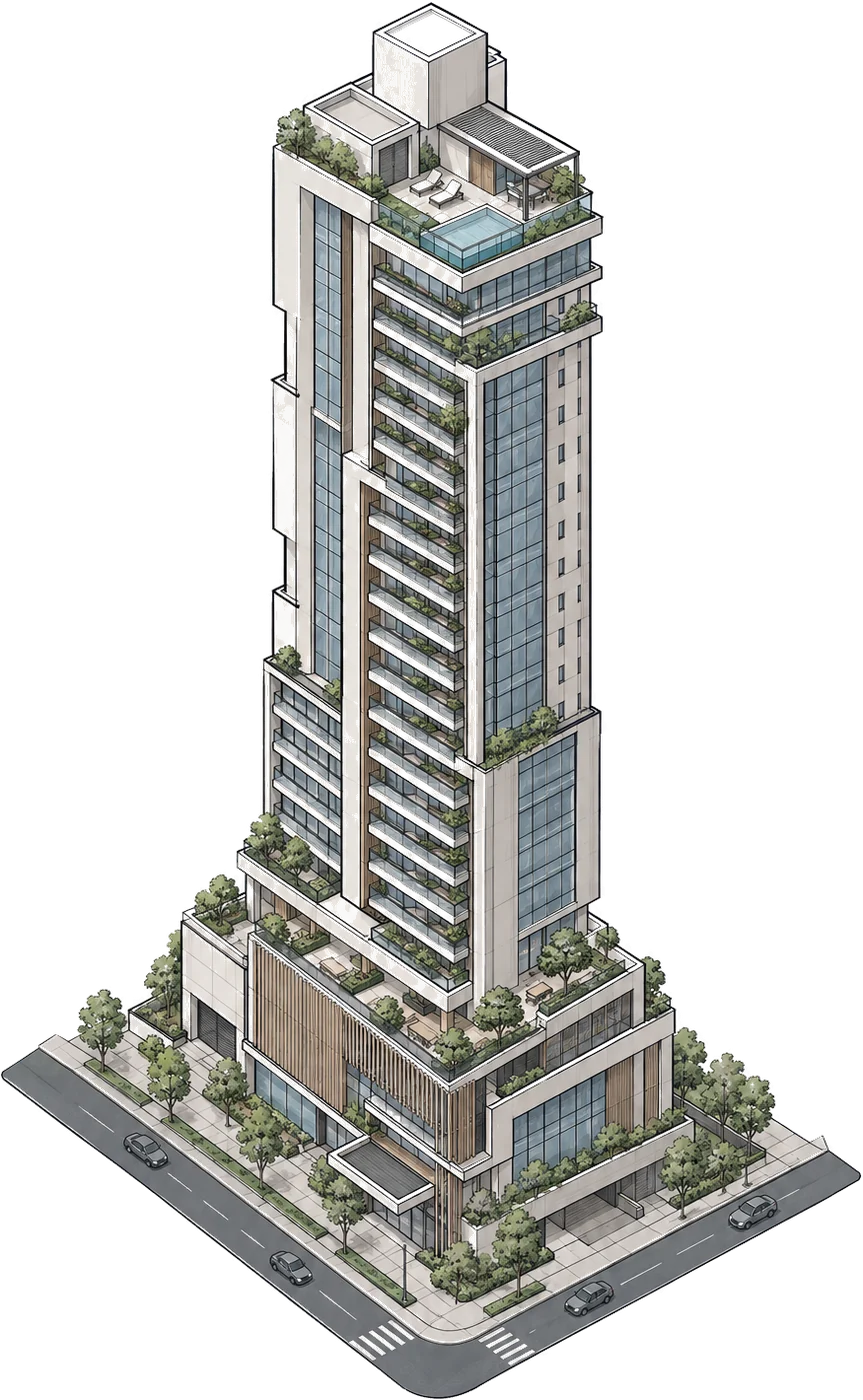 Desenho isométrico de um edifício residencial com embasamento comercial, pavimentos tipo com sacadas e cobertura com piscina